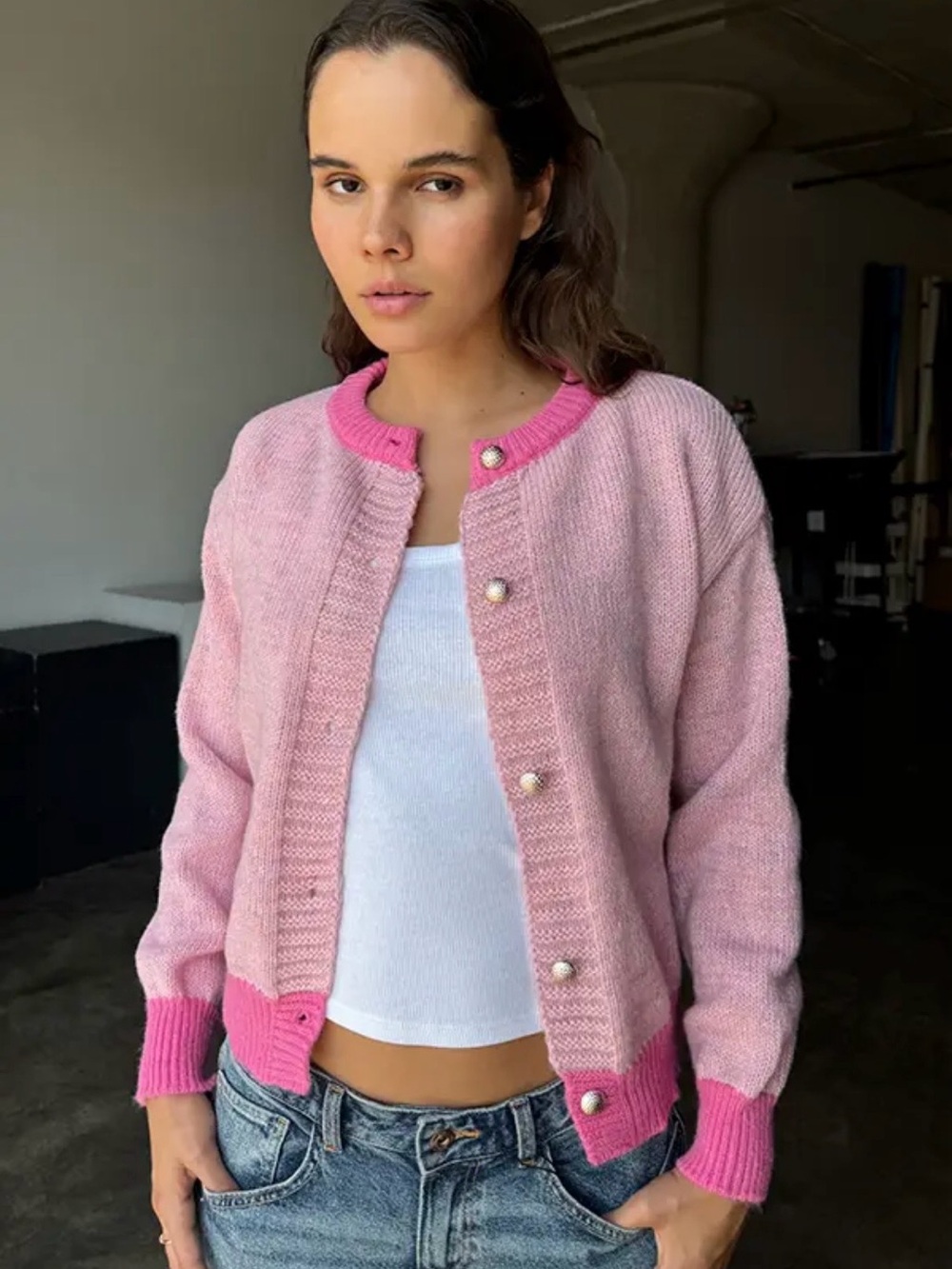 New FRECKLE LOS ANGELES Colorblock Pink Gold Button-Down  Cardigan Sweater OneSz